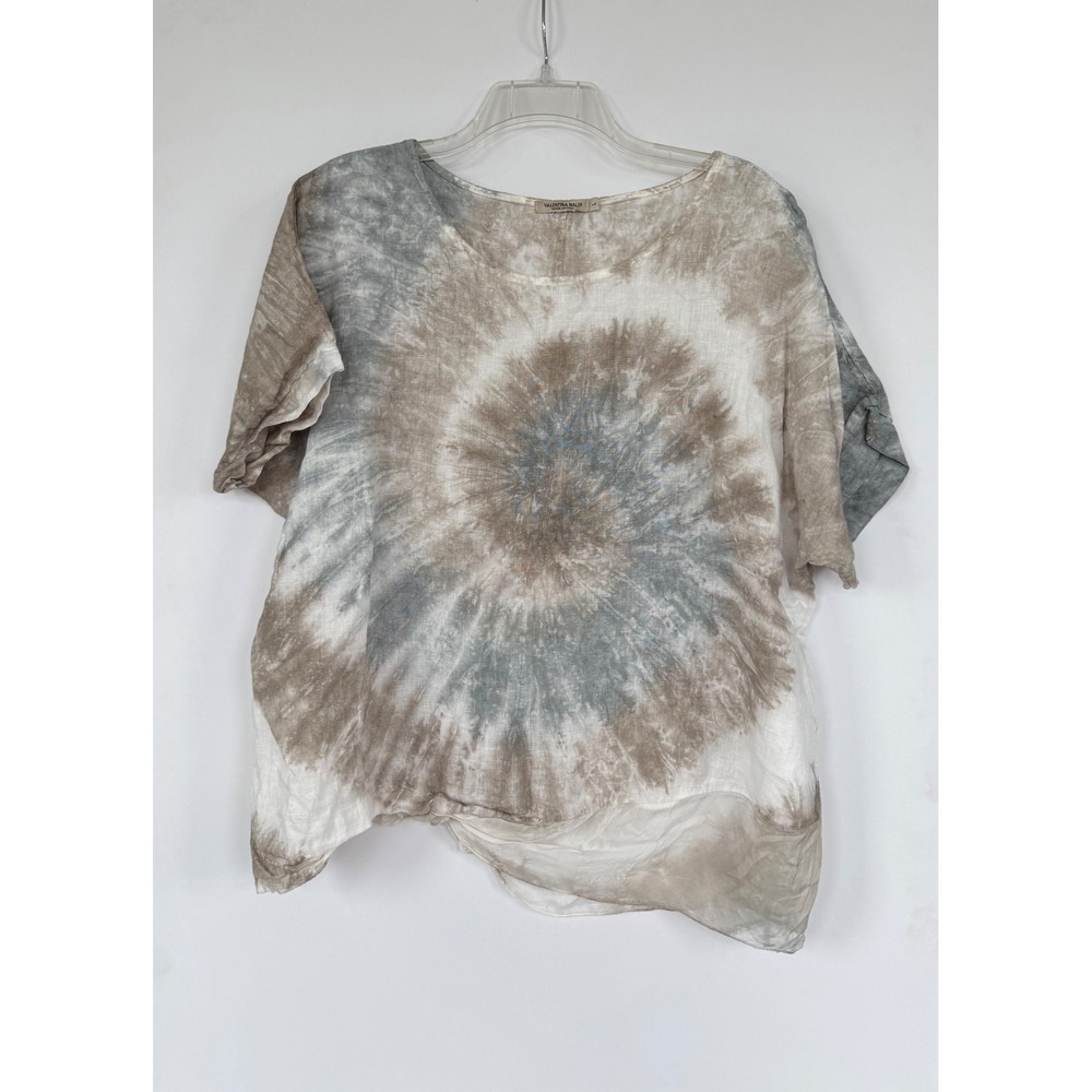 Valentina Naldi Italy Asymmetrical Linen‎ Tie Dye Spiral Top L Brown Blue Boho